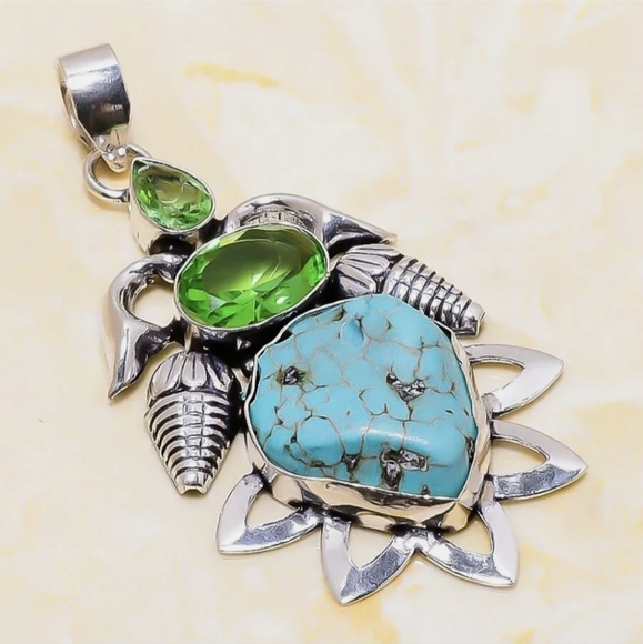 New Turquoise, Tsavorite and Peridot 925 Silver Pendant. - Picture 8 of 8
